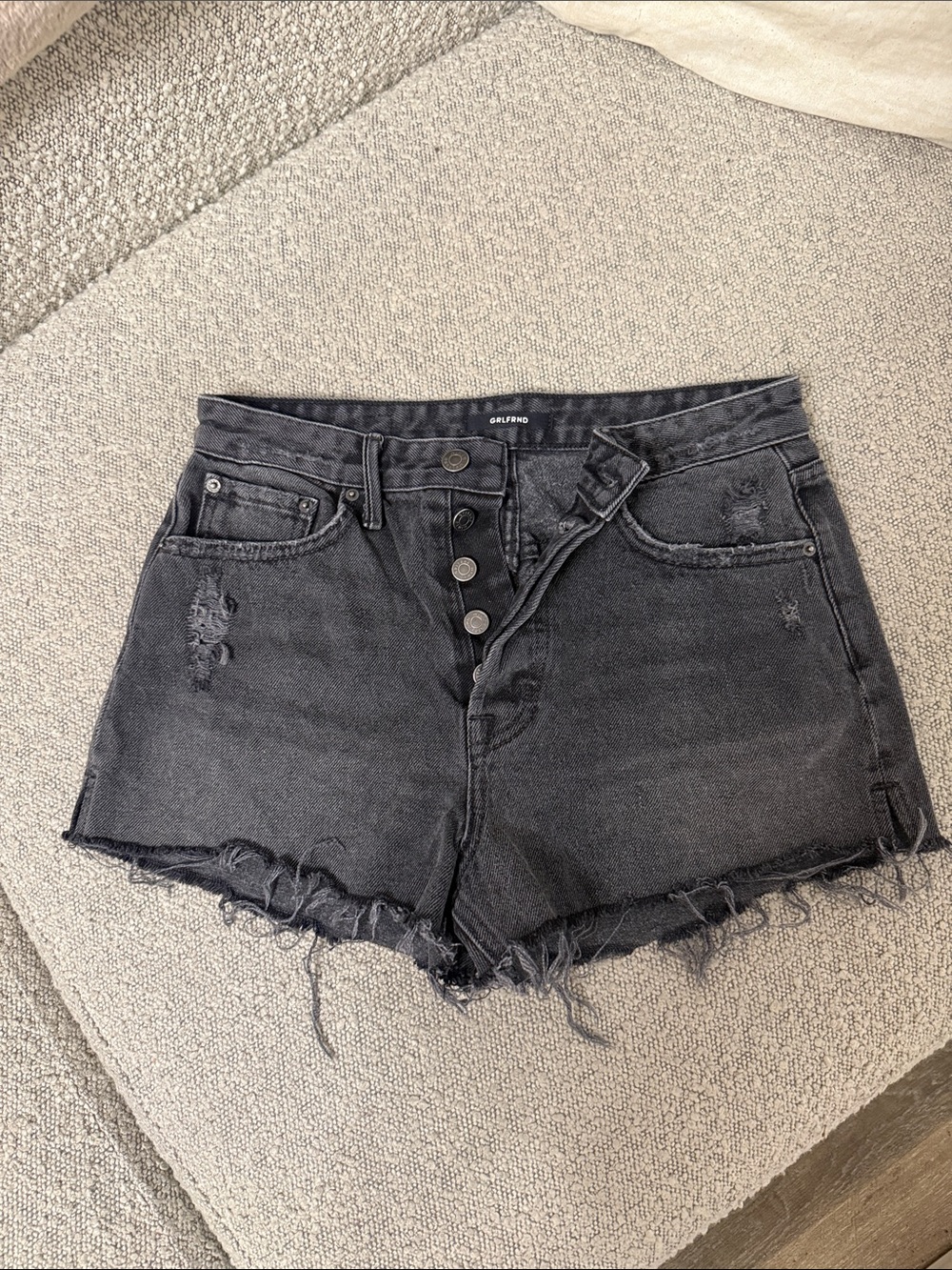 GRLFRND Black Distressed High-Rise Button-Fly Denim Shorts